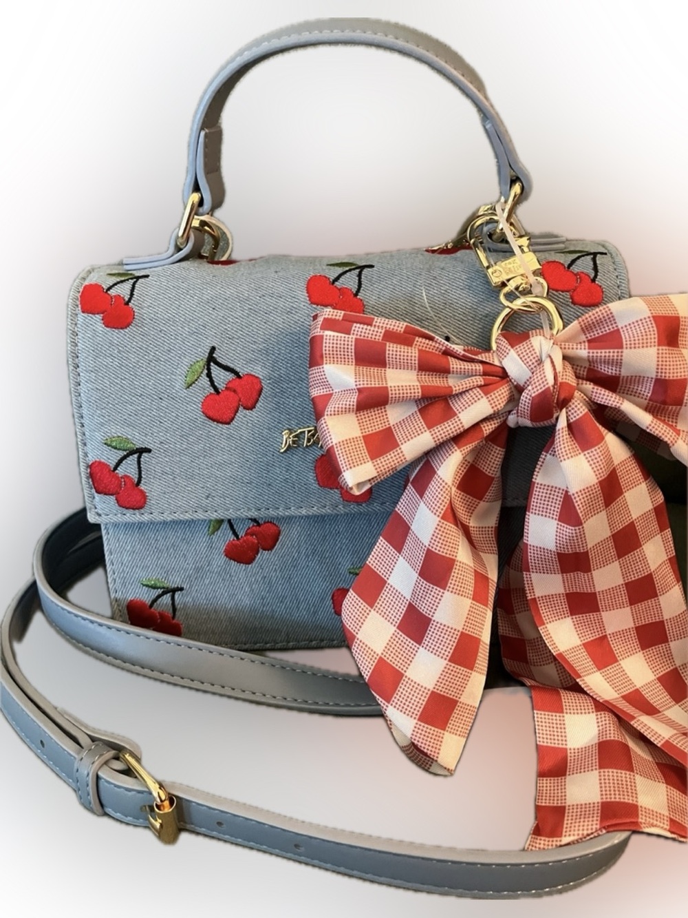 Betsy Johnson Denim Look Cherry Embroidered Crossbody NWT Red Gingham Bow